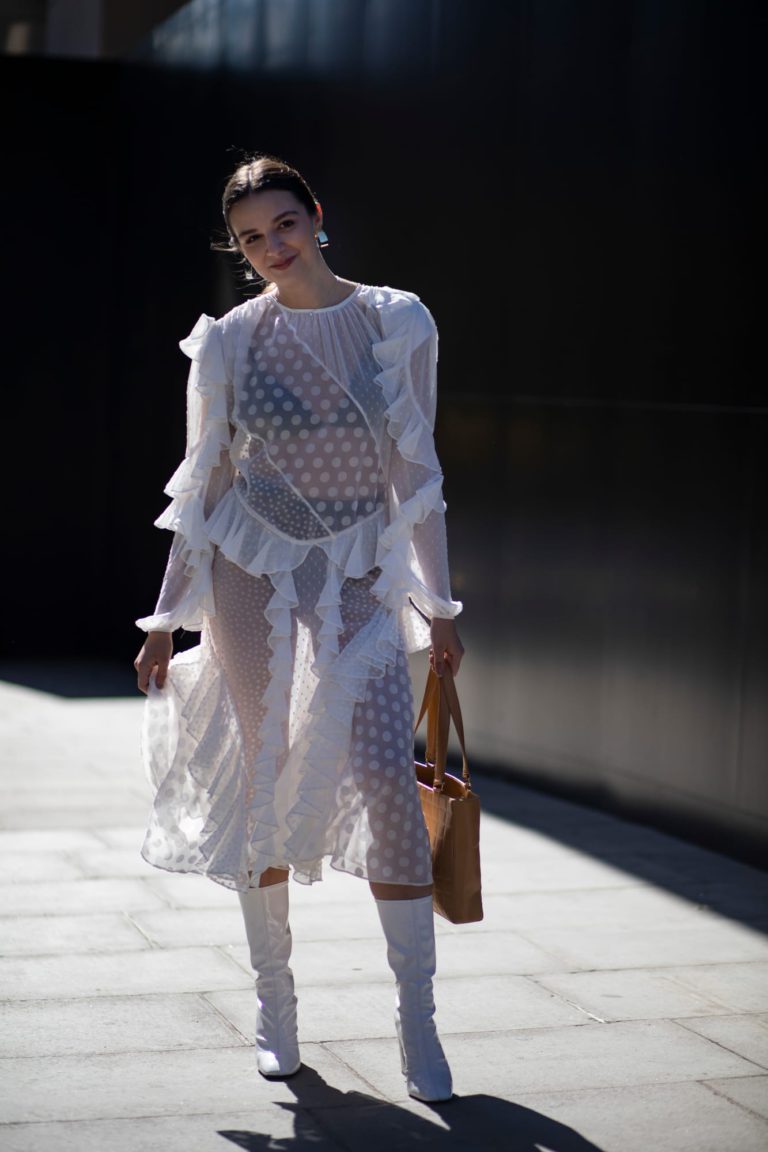 Один из главных трендов уличной моды на весну 2020 — платья с ботинками, сапогами и ботильонами.